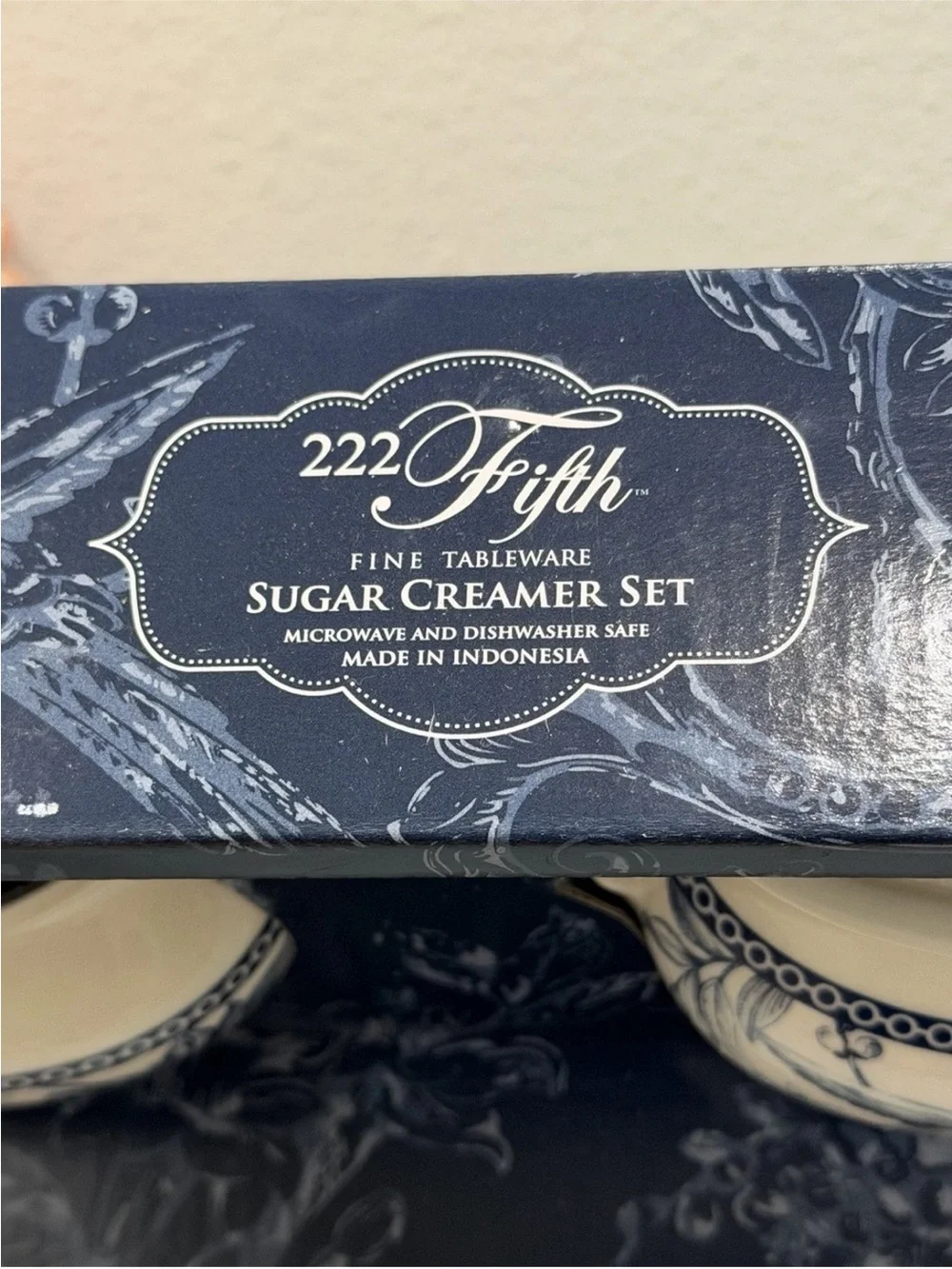 NIB 222 Fifth Adelaide Blue Floral Bird Sugar & Creamer 2 Piece Set